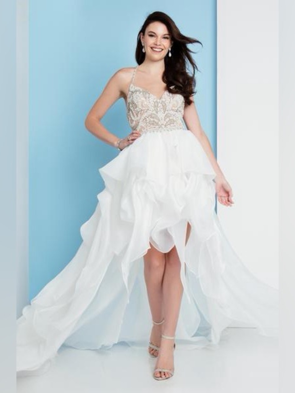 NWT Terani Couture 1811P5782 Beaded Bodice T-Strap Hi-Lo Dress in Ivory ~ Size 0